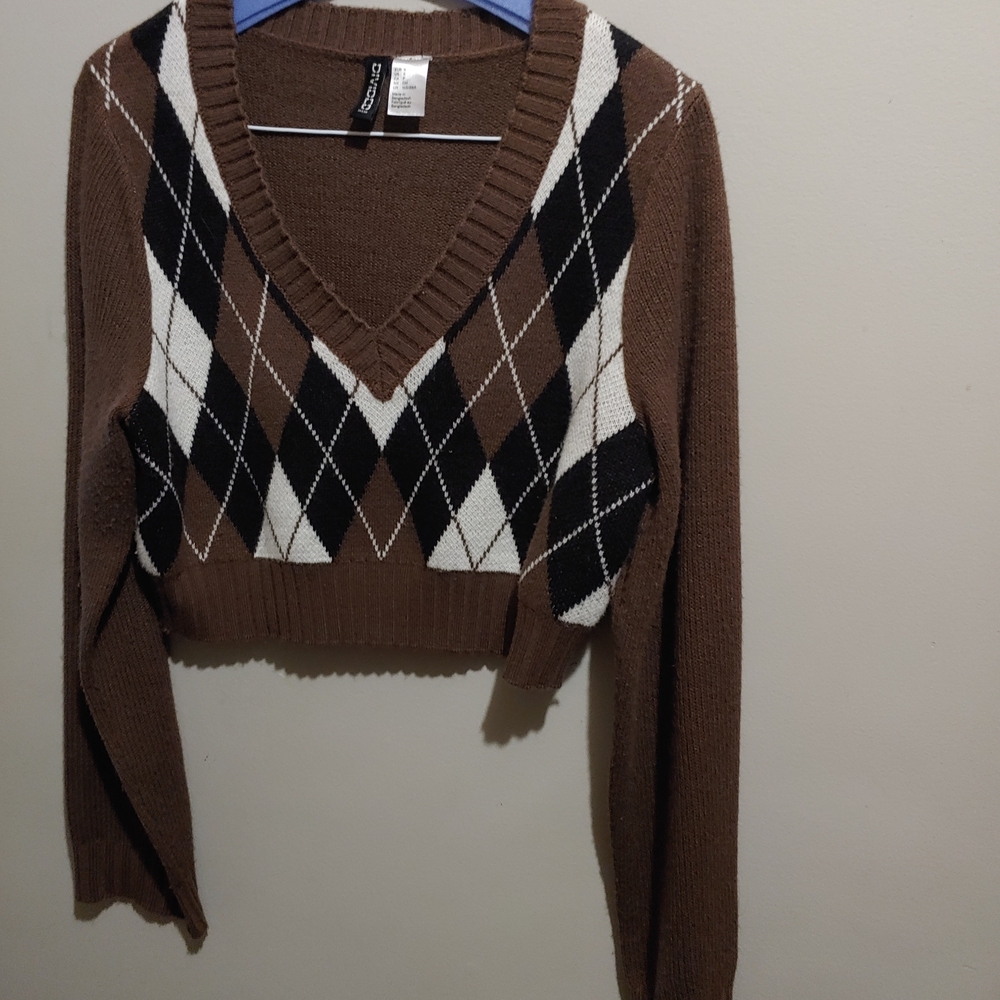 H&M Brown Argyle V-Neck Sweater